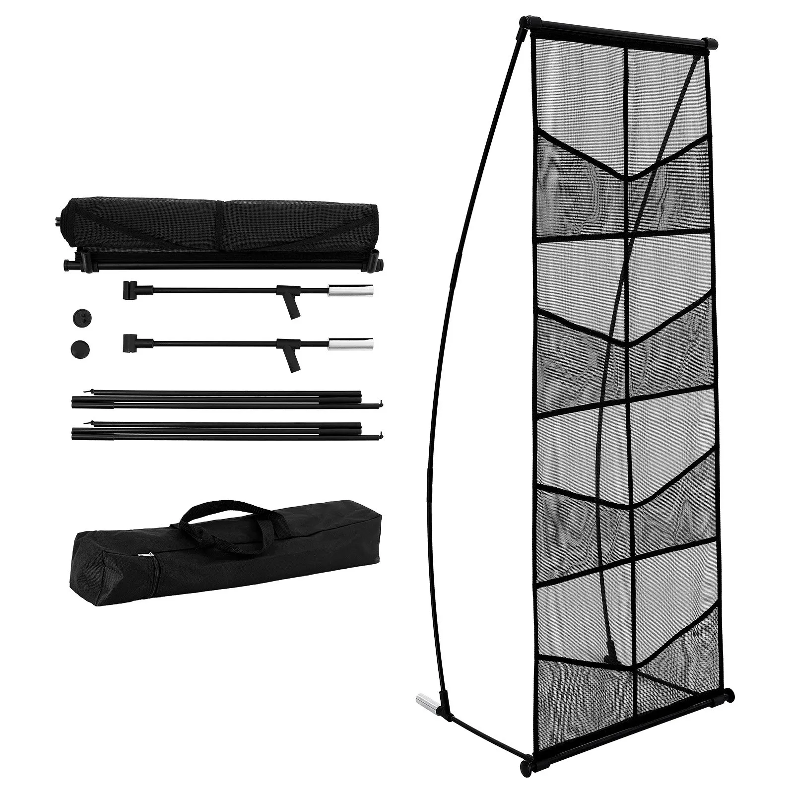 VEVOR brochure display stand with components and carrying case, displaying a black mesh design.