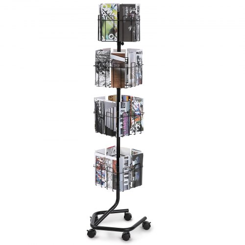VEVOR Brochure Display Rack, 4-Tier 32 Pockets Rotating Magazine Literature Display Stand for Postcards, 360° Spinning Greeting Cards Rack with 5 Wheels (2 Lockable) for Shop Exhibitions Office