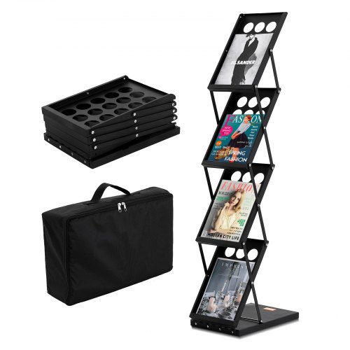 VEVOR Foldable Magazine Display Rack, 4-Tier Brochure Literature Display Stand, Portable Catalog Brochure Holder Stand with Carrying Bag for Office Trade Show Exhibitions, 4 Pockets