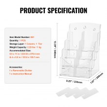 VEVOR Acrylic Brochure Holder 8.5 x 11 inch, 4-Tier Clear Acrylic Literature Display Stand, Plastic Literature Organizer Flyer Stand & Removable Divider for Office Exhibition, Countertop or Wall Mount