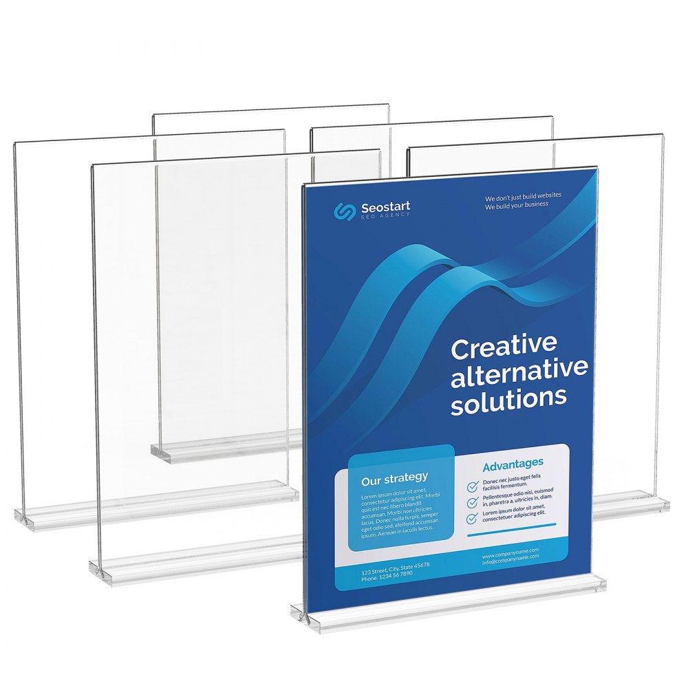 VEVOR acrylic sign holder displaying marketing materials with multiple transparent holders in the background.