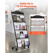 VEVOR Brochure Display Rack, 4-Tier Magazine Literature Display Stand with Wheels, Movable Floor Standing Magazine Rack, Heavy Duty Newspaper Catalog Holders for Shop Exhibitions Office Craft Fairs