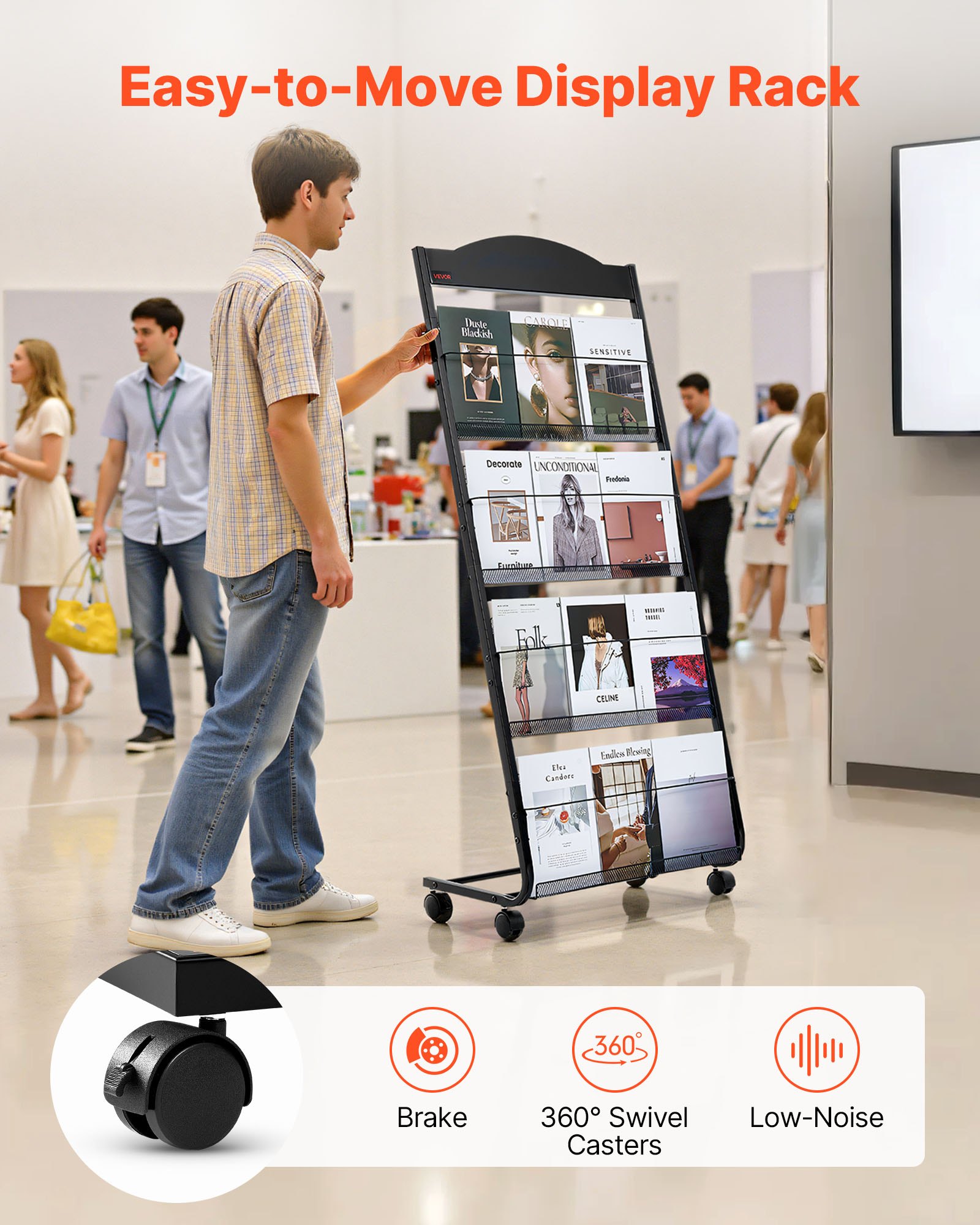 VEVOR Brochure Display Rack, 4-Tier Magazine Literature Display Stand with Wheels, Movable Floor Standing Magazine Rack, Heavy Duty Newspaper Catalog Holders for Shop Exhibitions Office Craft Fairs