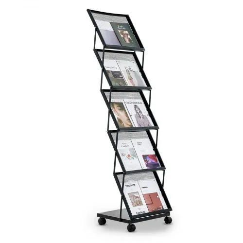 VEVOR Brochure Display Rack, Foldable 5 Pockets Magazine Literature Display Stand, Movable Floor Standing Magazine Rack with Wheels, Metal Newspaper Catalog Holders for Shop Exhibitions Office Show