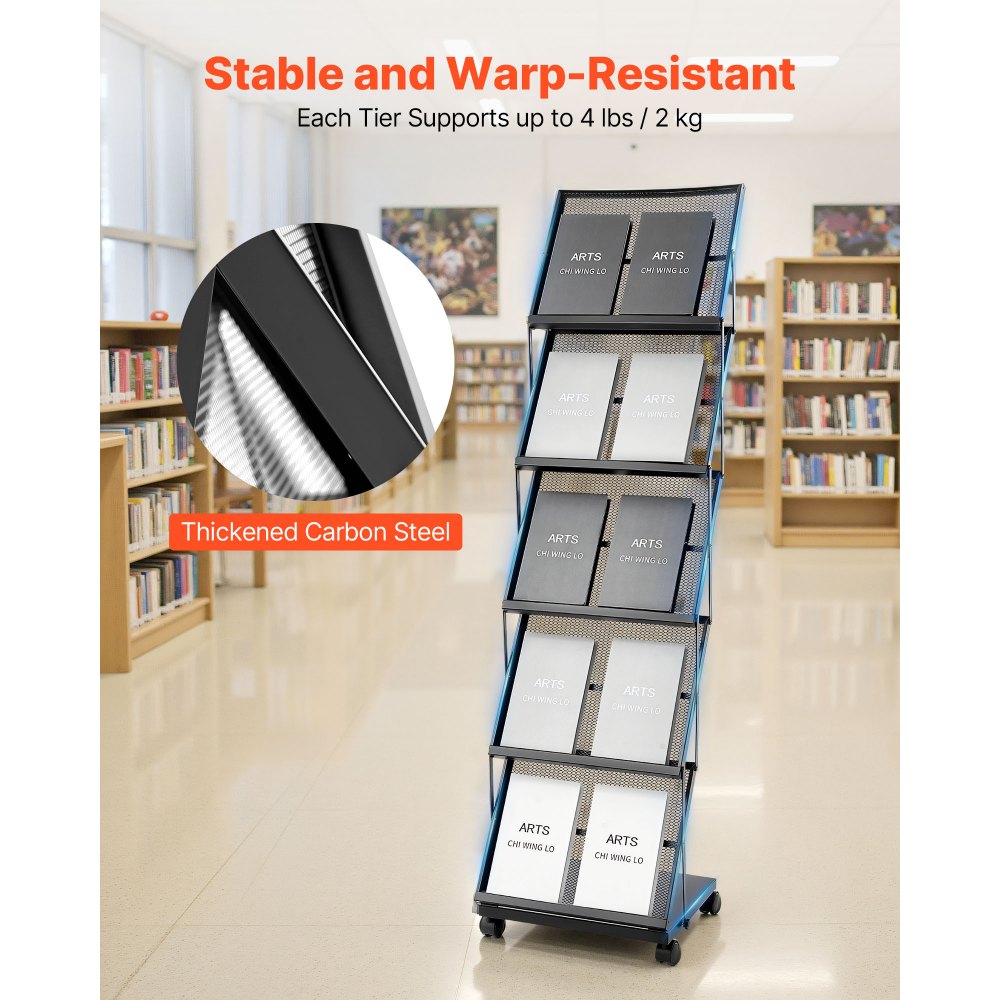 VEVOR Brochure Display Rack, Foldable 5 Pockets Magazine Literature Display Stand, Movable Floor Standing Magazine Rack with Wheels, Metal Newspaper Catalog Holders for Shop Exhibitions Office Show