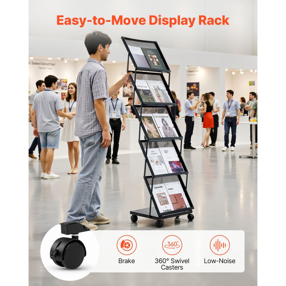 VEVOR Brochure Display Rack, Foldable 5 Pockets Magazine Literature Display Stand, Movable Floor Standing Magazine Rack with Wheels, Metal Newspaper Catalog Holders for Shop Exhibitions Office Show