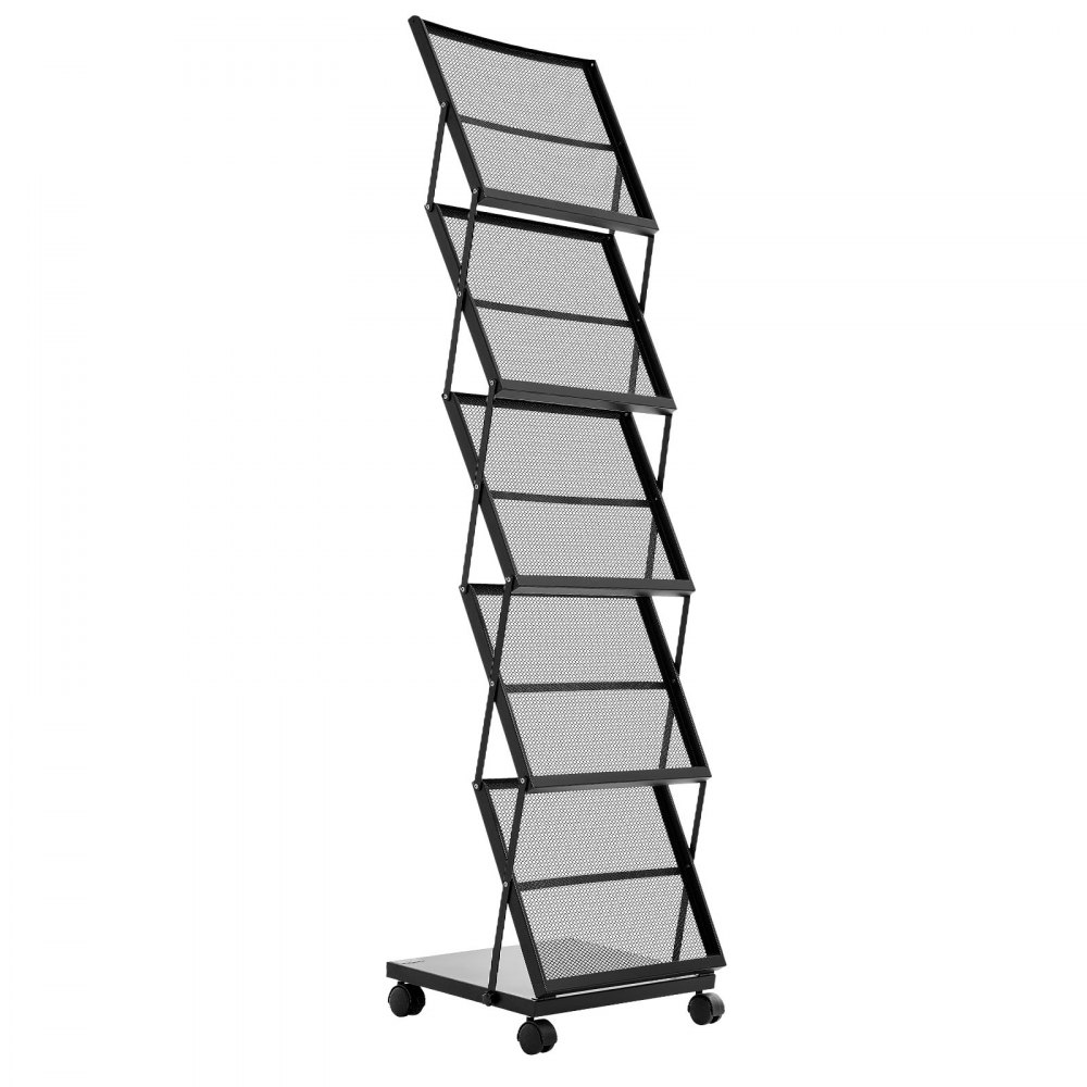 VEVOR Brochure Display Rack, Foldable 5 Pockets Magazine Literature Display Stand, Movable Floor Standing Magazine Rack with Wheels, Metal Newspaper Catalog Holders for Shop Exhibitions Office Show