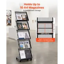 VEVOR Brochure Display Rack, Foldable 5 Pockets Magazine Literature Display Stand, Movable Floor Standing Magazine Rack with Wheels, Metal Newspaper Catalog Holders for Shop Exhibitions Office Show