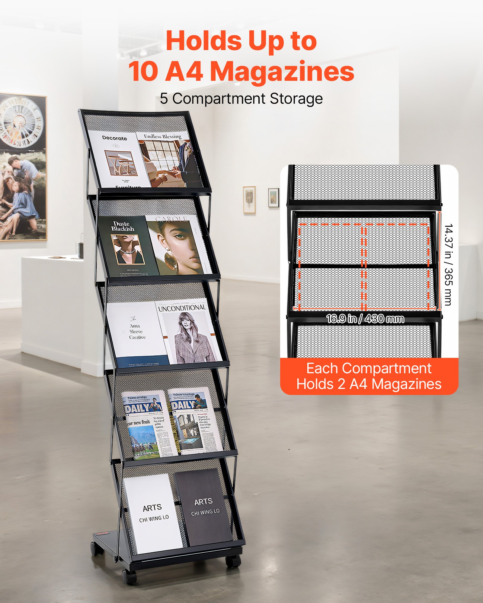 VEVOR Brochure Display Rack, Foldable 5 Pockets Magazine Literature Display Stand, Movable Floor Standing Magazine Rack with Wheels, Metal Newspaper Catalog Holders for Shop Exhibitions Office Show