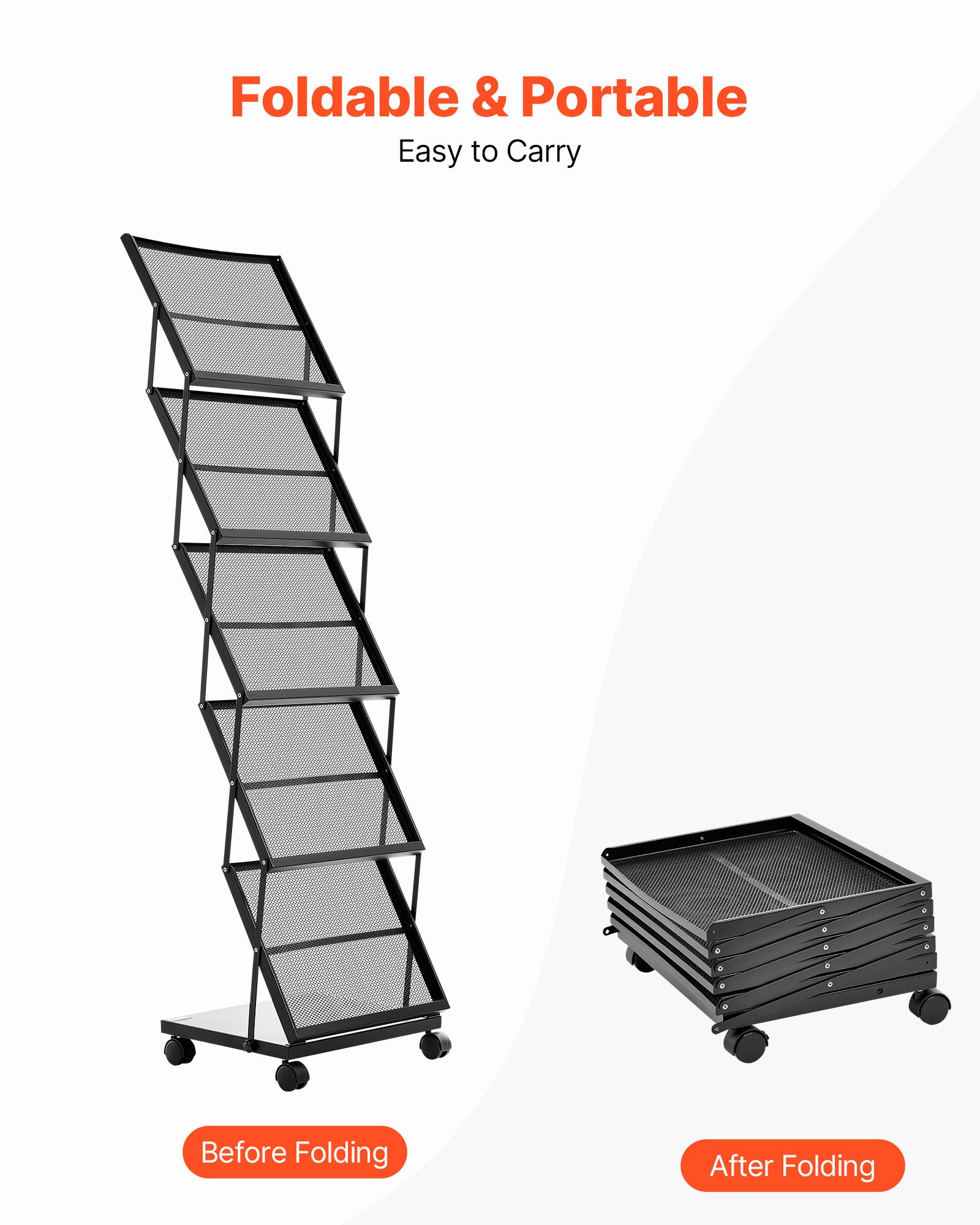 VEVOR Brochure Display Rack, Foldable 5 Pockets Magazine Literature Display Stand, Movable Floor Standing Magazine Rack with Wheels, Metal Newspaper Catalog Holders for Shop Exhibitions Office Show
