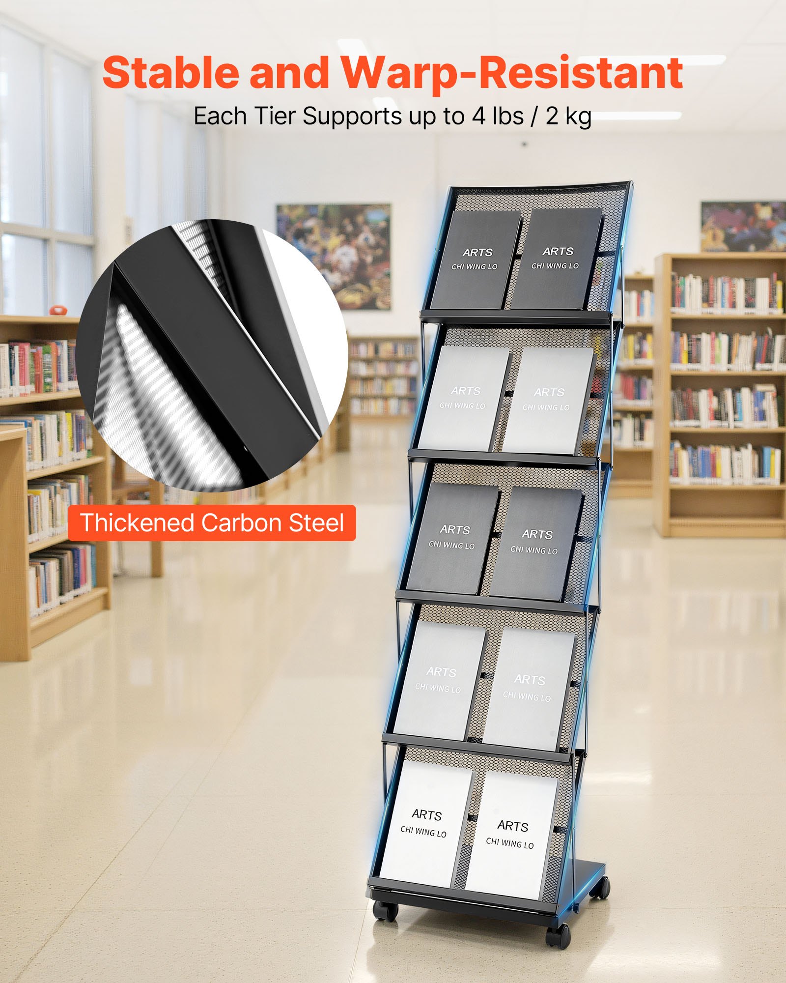 VEVOR Brochure Display Rack, Foldable 5 Pockets Magazine Literature Display Stand, Movable Floor Standing Magazine Rack with Wheels, Metal Newspaper Catalog Holders for Shop Exhibitions Office Show