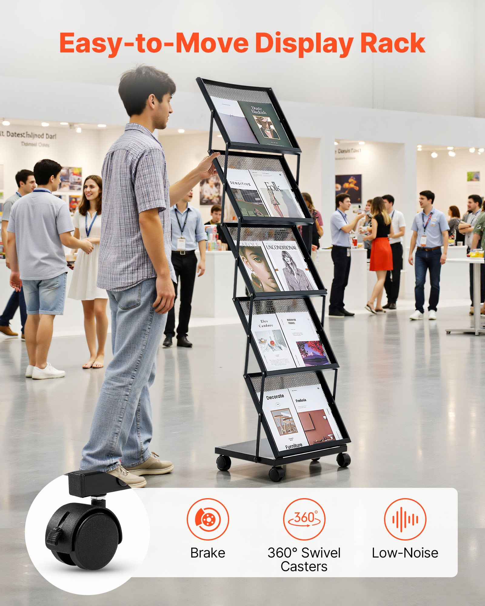 VEVOR Brochure Display Rack, Foldable 5 Pockets Magazine Literature Display Stand, Movable Floor Standing Magazine Rack with Wheels, Metal Newspaper Catalog Holders for Shop Exhibitions Office Show