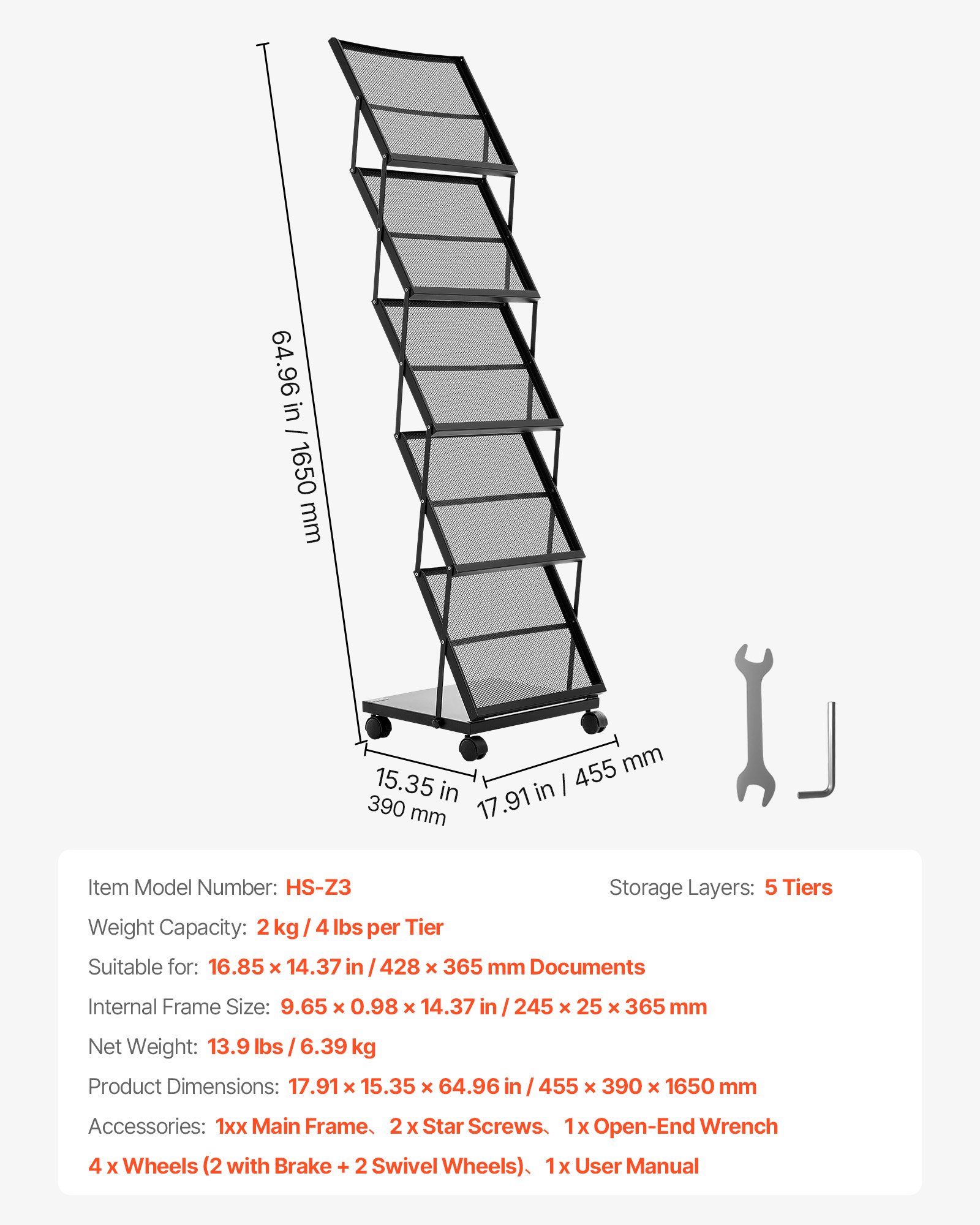 VEVOR Brochure Display Rack, Foldable 5 Pockets Magazine Literature Display Stand, Movable Floor Standing Magazine Rack with Wheels, Metal Newspaper Catalog Holders for Shop Exhibitions Office Show
