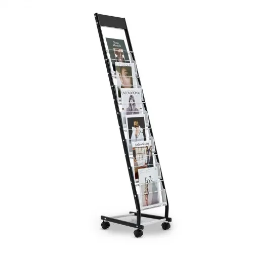 VEVOR Brochure Display Rack, Narrow 6-Tier Magazine Literature Display Stand with Wheels, Metal Floor Standing Magazine Rack, Movable Newspaper Catalog Holders for Shop Exhibitions Office (6 Pockets)
