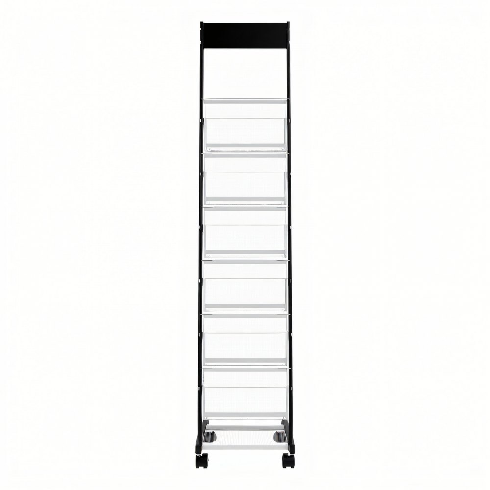 VEVOR Brochure Display Rack, Narrow 6-Tier Magazine Literature Display Stand with Wheels, Metal Floor Standing Magazine Rack, Movable Newspaper Catalog Holders for Shop Exhibitions Office (6 Pockets)