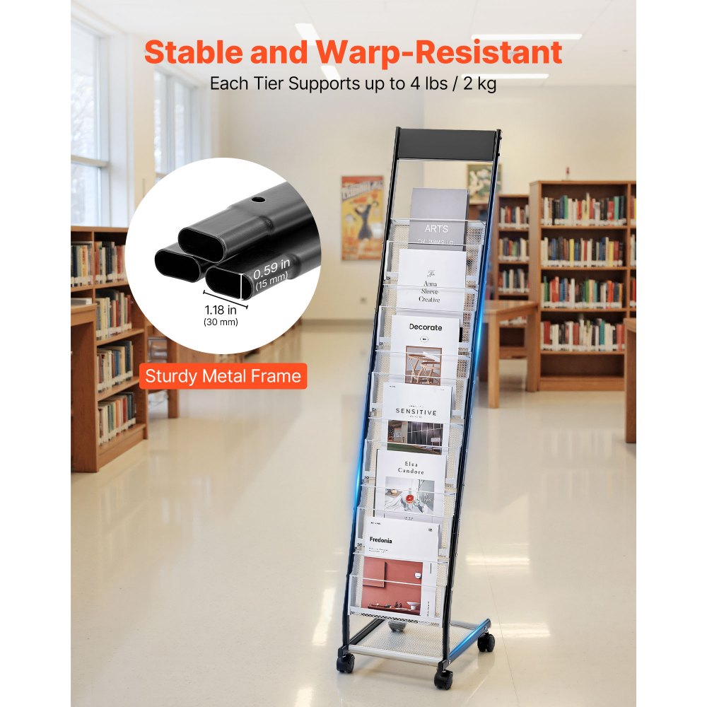 VEVOR Brochure Display Rack, Narrow 6-Tier Magazine Literature Display Stand with Wheels, Metal Floor Standing Magazine Rack, Movable Newspaper Catalog Holders for Shop Exhibitions Office (6 Pockets)