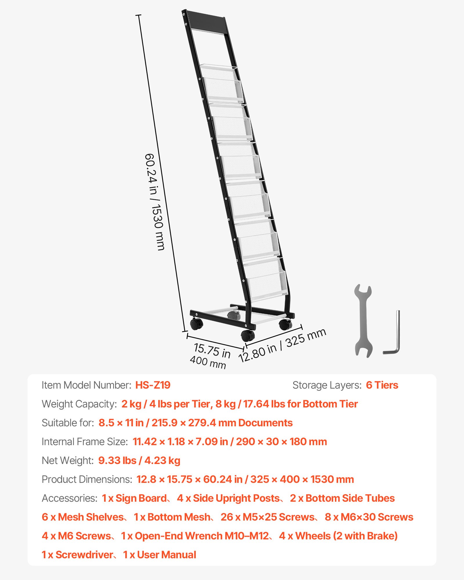 VEVOR Brochure Display Rack, Narrow 6-Tier Magazine Literature Display Stand with Wheels, Metal Floor Standing Magazine Rack, Movable Newspaper Catalog Holders for Shop Exhibitions Office (6 Pockets)