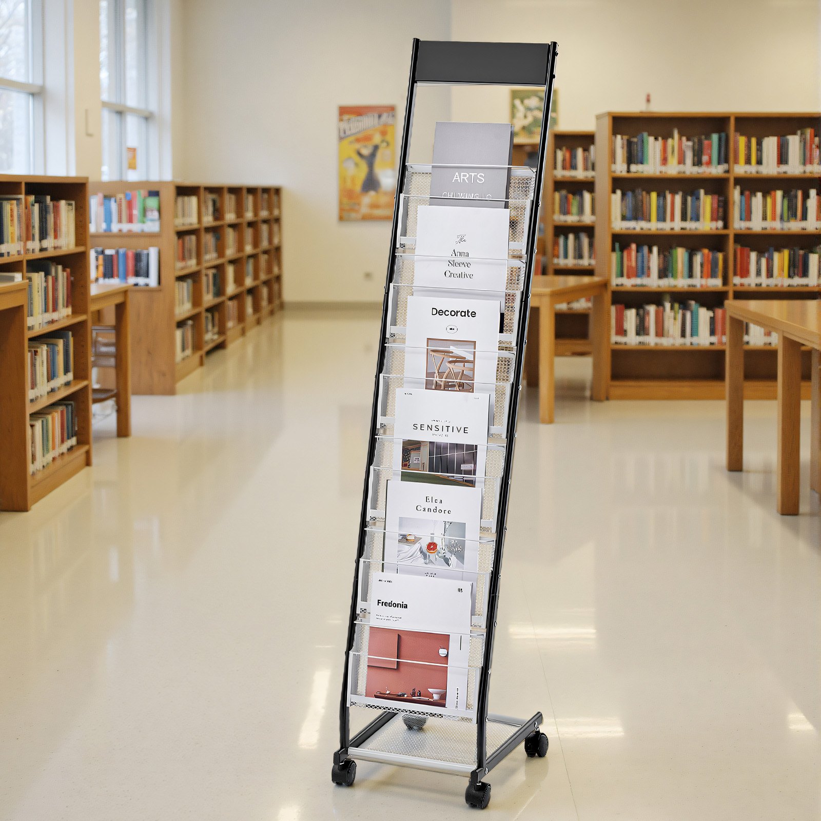VEVOR Brochure Display Rack, Narrow 6-Tier Magazine Literature Display Stand with Wheels, Metal Floor Standing Magazine Rack, Movable Newspaper Catalog Holders for Shop Exhibitions Office (6 Pockets)