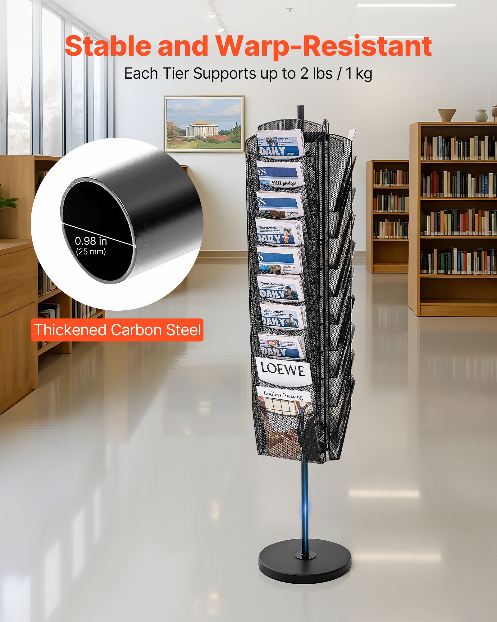 VEVOR Rotating Brochure Display Rack, 30 Pockets Mesh Magazine Literature Display Stand, Portable Floor Standing Magazine Rack, Metal Newspaper Catalog Holders for Shop Exhibitions Office Trade Show