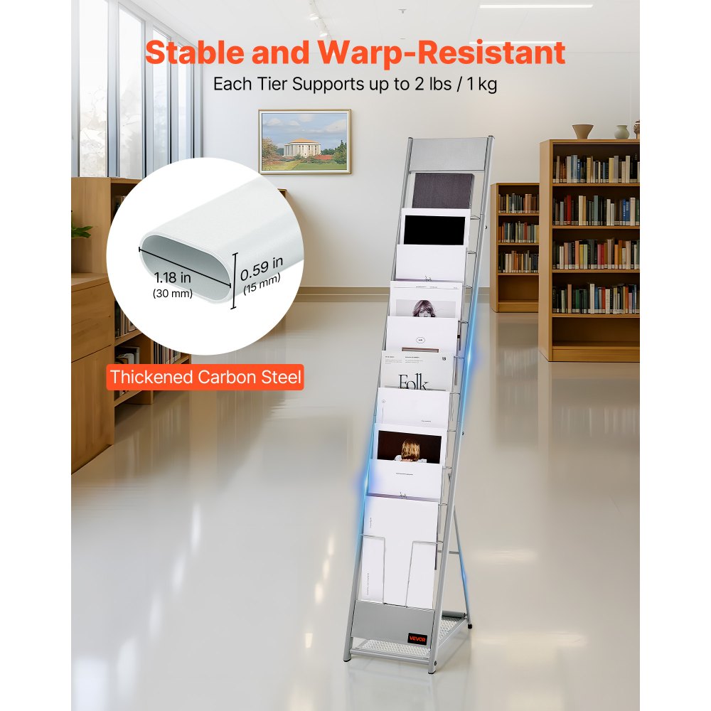 VEVOR Brochure Display Rack, 10 Pockets Magazine Literature Display Stand, Portable Floor Standing Magazine Rack, Metal Newspaper Catalog Holders for Shop, Exhibitions, Office, Trade Show, Silver