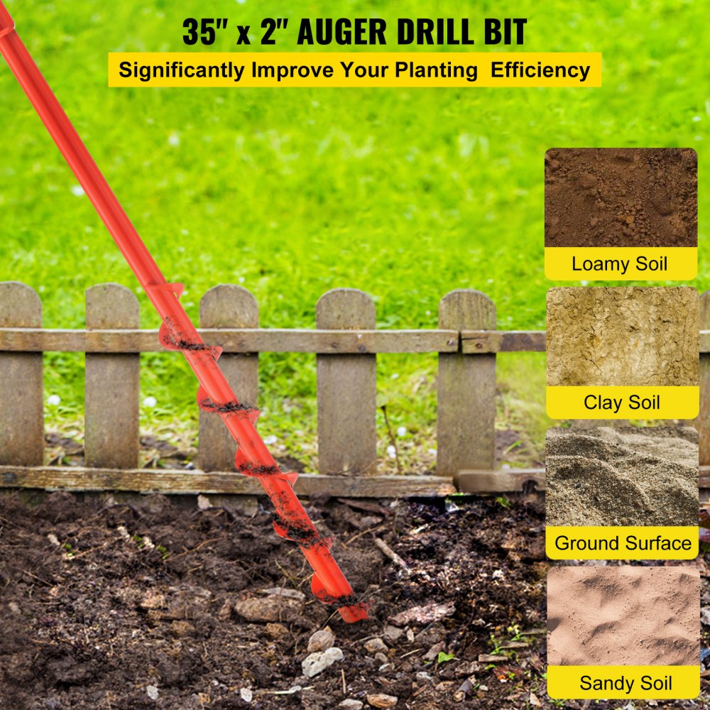 VEVOR Broca de barrena, 2'' (D) x 35'' (L) Broca de barrena de jardín con punta de cola de pez, Barrena de taladro para taladro de 0.79, Barrena de jardín resistente para plantar bulbos, plantas de cama, Agujero de excavación