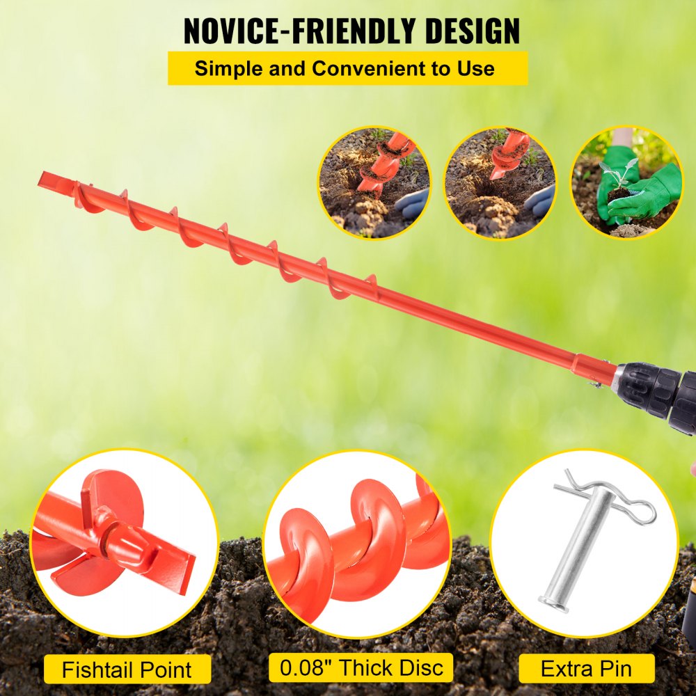 VEVOR Broca de barrena, 2'' (D) x 35'' (L) Broca de barrena de jardín con punta de cola de pez, Barrena de taladro para taladro de 0.79, Barrena de jardín resistente para plantar bulbos, plantas de cama, Agujero de excavación