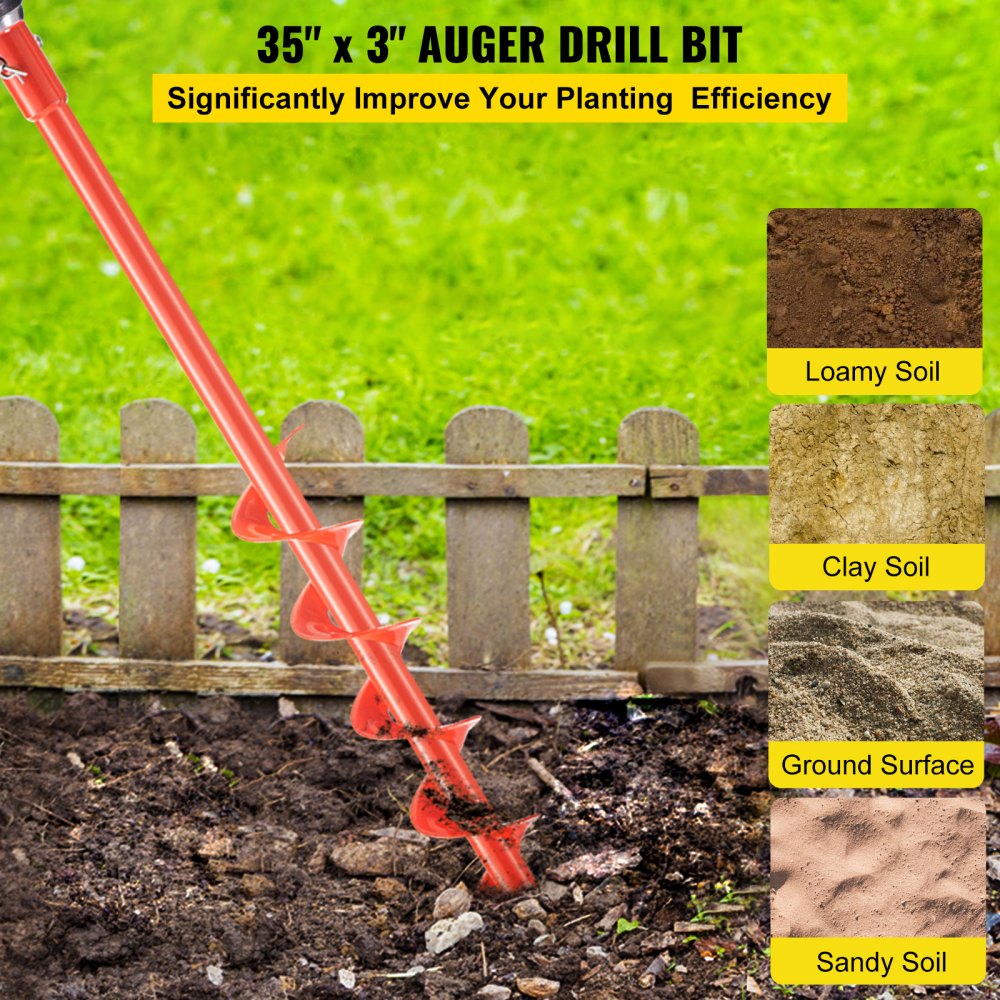 VEVOR Auger Drill Bit, 3'' (D) x 35'' (L) Garden Auger Drill Bit with Fishtail Point, Drill Auger for 0.79" Drill, Heavy Duty Garden Auger for Planting Bulbs, Bedding Plants, Digging Hole