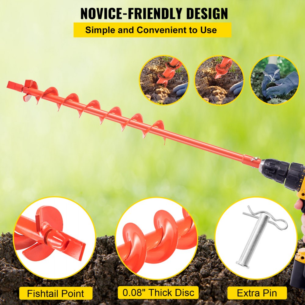 VEVOR Auger Drill Bit, 3'' (D) x 35'' (L) Garden Auger Drill Bit with Fishtail Point, Drill Auger for 0.79" Drill, Heavy Duty Garden Auger for Planting Bulbs, Bedding Plants, Digging Hole