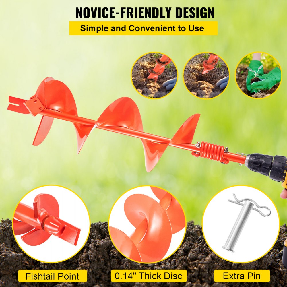 VEVOR Auger Drill, 10'' (D) x 35'' (L) Garden Auger Drill Bit with Shock Absorbing Spring, Drill Auger for 7/8" Drill, Heavy Duty Garden Auger for Planting Bulbs and Bedding Plants, Digging Hole