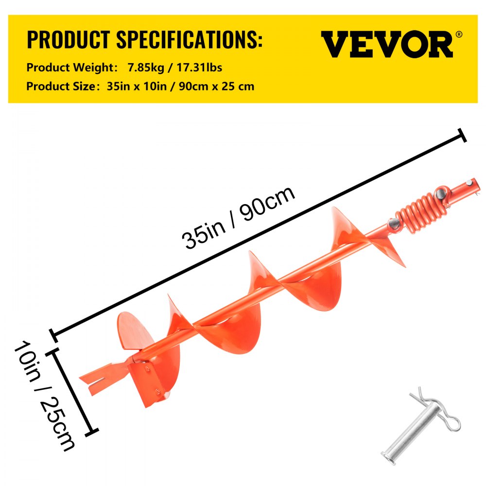VEVOR Auger Drill, 10'' (D) x 35'' (L) Garden Auger Drill Bit with Shock Absorbing Spring, Drill Auger for 7/8" Drill, Heavy Duty Garden Auger for Planting Bulbs and Bedding Plants, Digging Hole