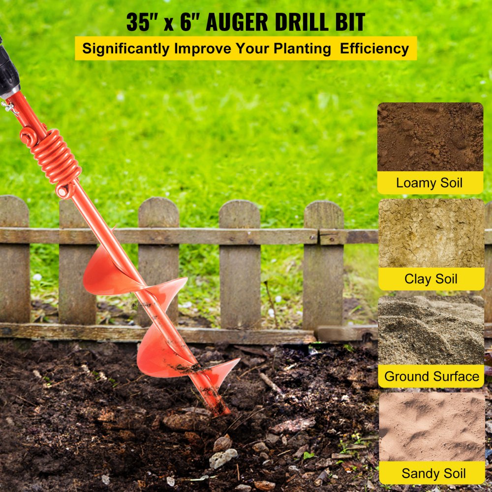 VEVOR Auger Drill, 6'' (D) x 35'' (L) Garden Auger Drill Bit with Shock Absorbing Spring , Drill Auger for 7/8’’ Drill, Heavy Duty Garden Auger for Planting Bulbs and Bedding Plants, Digging Hole