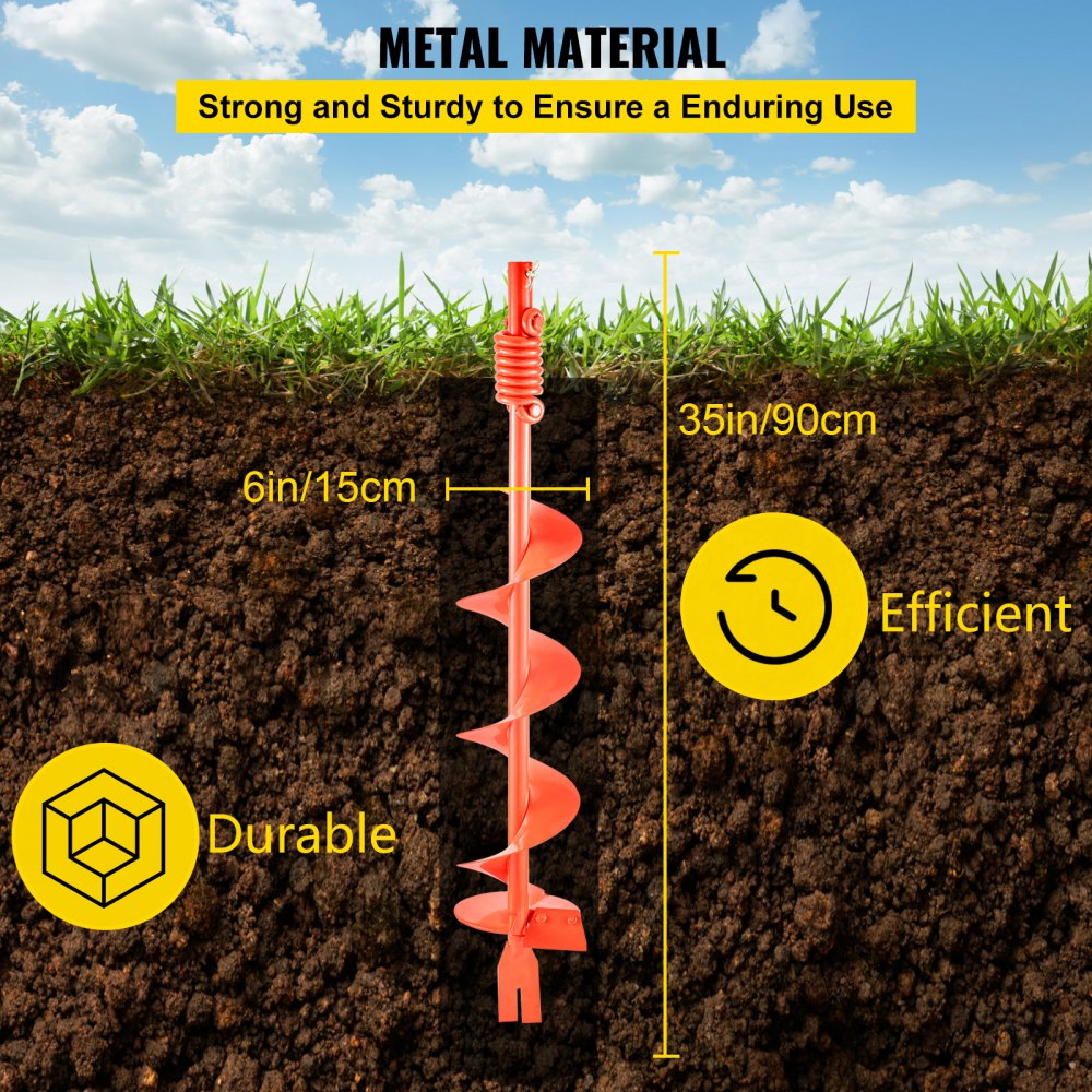 VEVOR Auger Drill, 6'' (D) x 35'' (L) Garden Auger Drill Bit with Shock Absorbing Spring , Drill Auger for 7/8’’ Drill, Heavy Duty Garden Auger for Planting Bulbs and Bedding Plants, Digging Hole