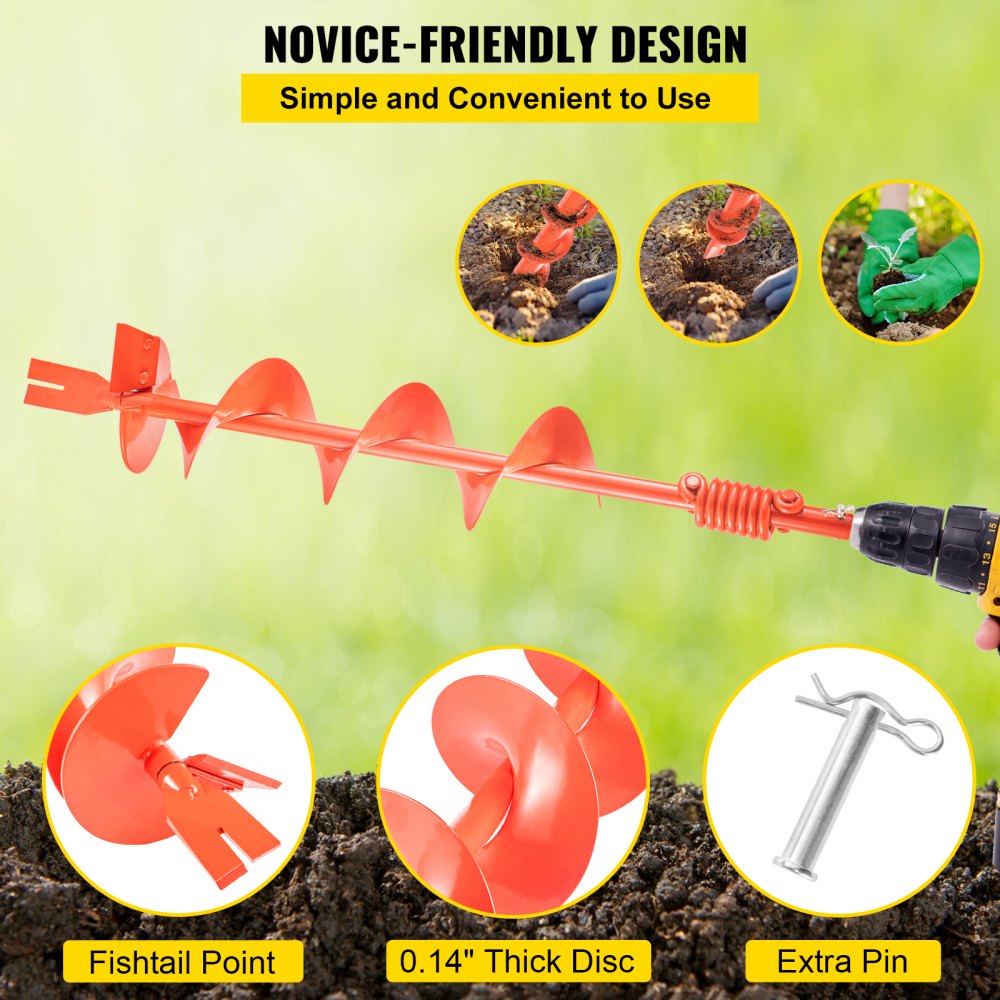 VEVOR Auger Drill, 6'' (D) x 35'' (L) Garden Auger Drill Bit with Shock Absorbing Spring , Drill Auger for 7/8’’ Drill, Heavy Duty Garden Auger for Planting Bulbs and Bedding Plants, Digging Hole