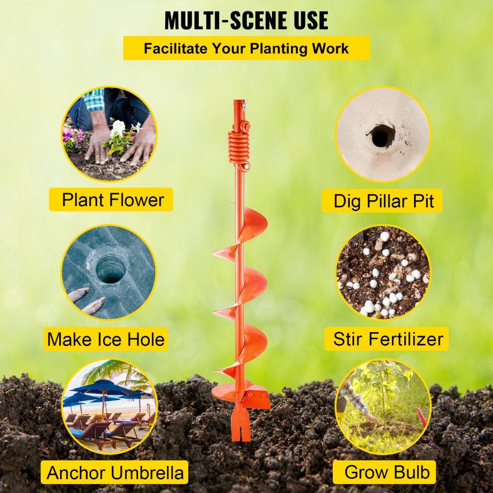 VEVOR Auger Drill, 6'' (D) x 35'' (L) Garden Auger Drill Bit with Shock Absorbing Spring , Drill Auger for 7/8’’ Drill, Heavy Duty Garden Auger for Planting Bulbs and Bedding Plants, Digging Hole