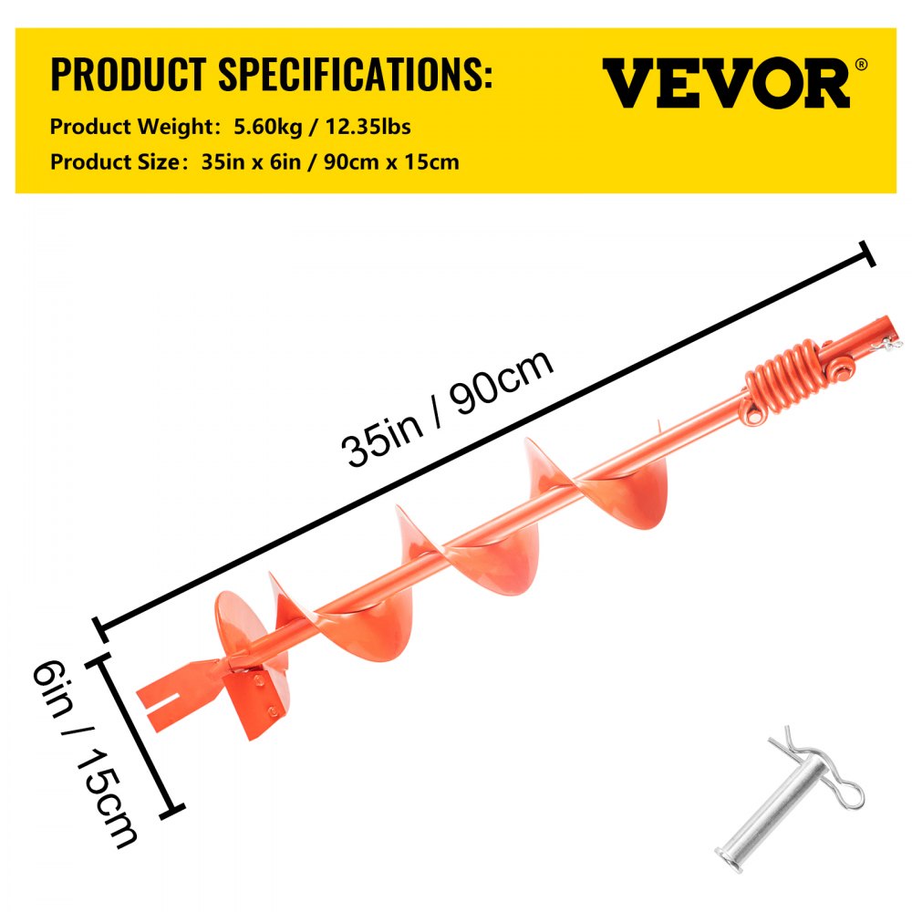 VEVOR Auger Drill, 6'' (D) x 35'' (L) Garden Auger Drill Bit with Shock Absorbing Spring , Drill Auger for 7/8’’ Drill, Heavy Duty Garden Auger for Planting Bulbs and Bedding Plants, Digging Hole