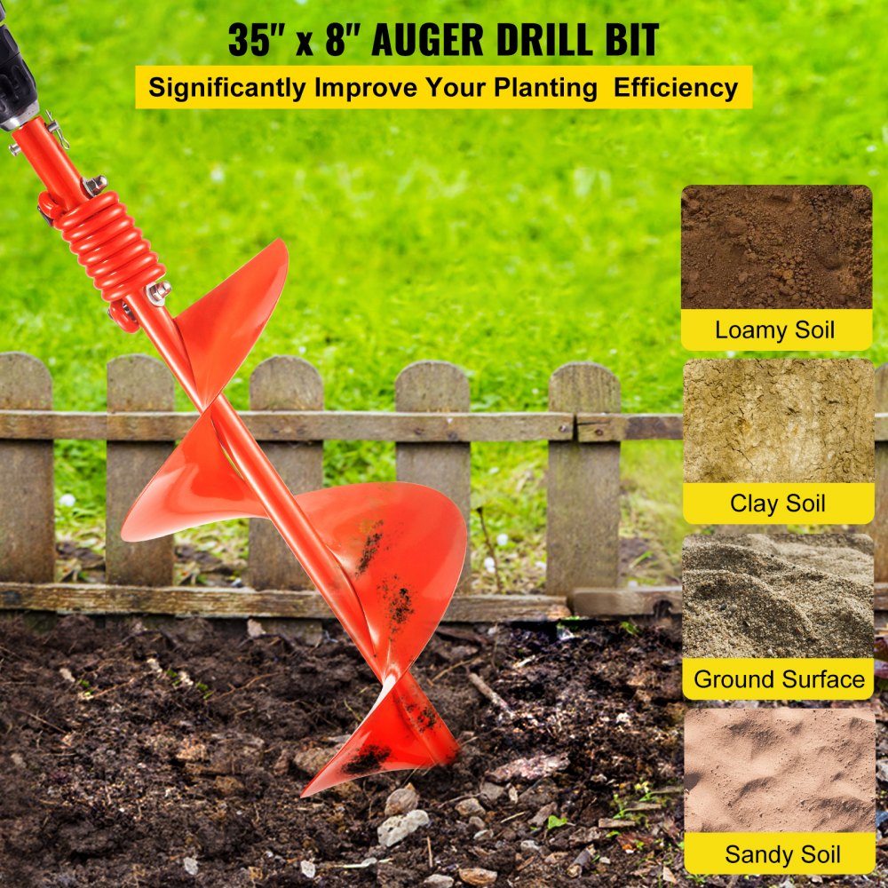 VEVOR Auger Drill, 8'' (D) x 35'' (L) Garden Auger Drill Bit with Shock Absorbing Spring, Drill Auger for 7/8" Drill, Heavy Duty Garden Auger for Planting Bulbs and Bedding Plants, Digging Hole