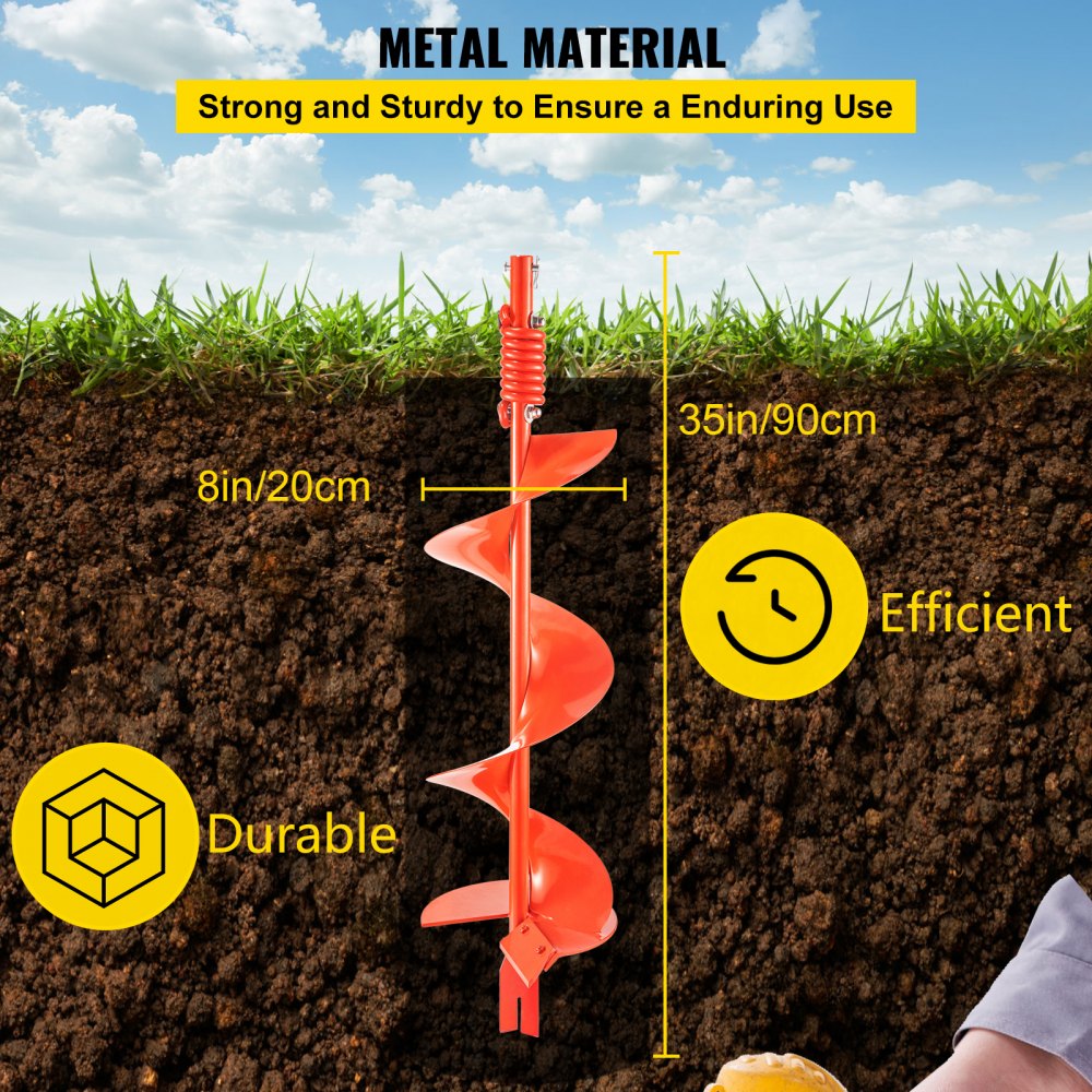 VEVOR Auger Drill, 8'' (D) x 35'' (L) Garden Auger Drill Bit with Shock Absorbing Spring, Drill Auger for 7/8" Drill, Heavy Duty Garden Auger for Planting Bulbs and Bedding Plants, Digging Hole