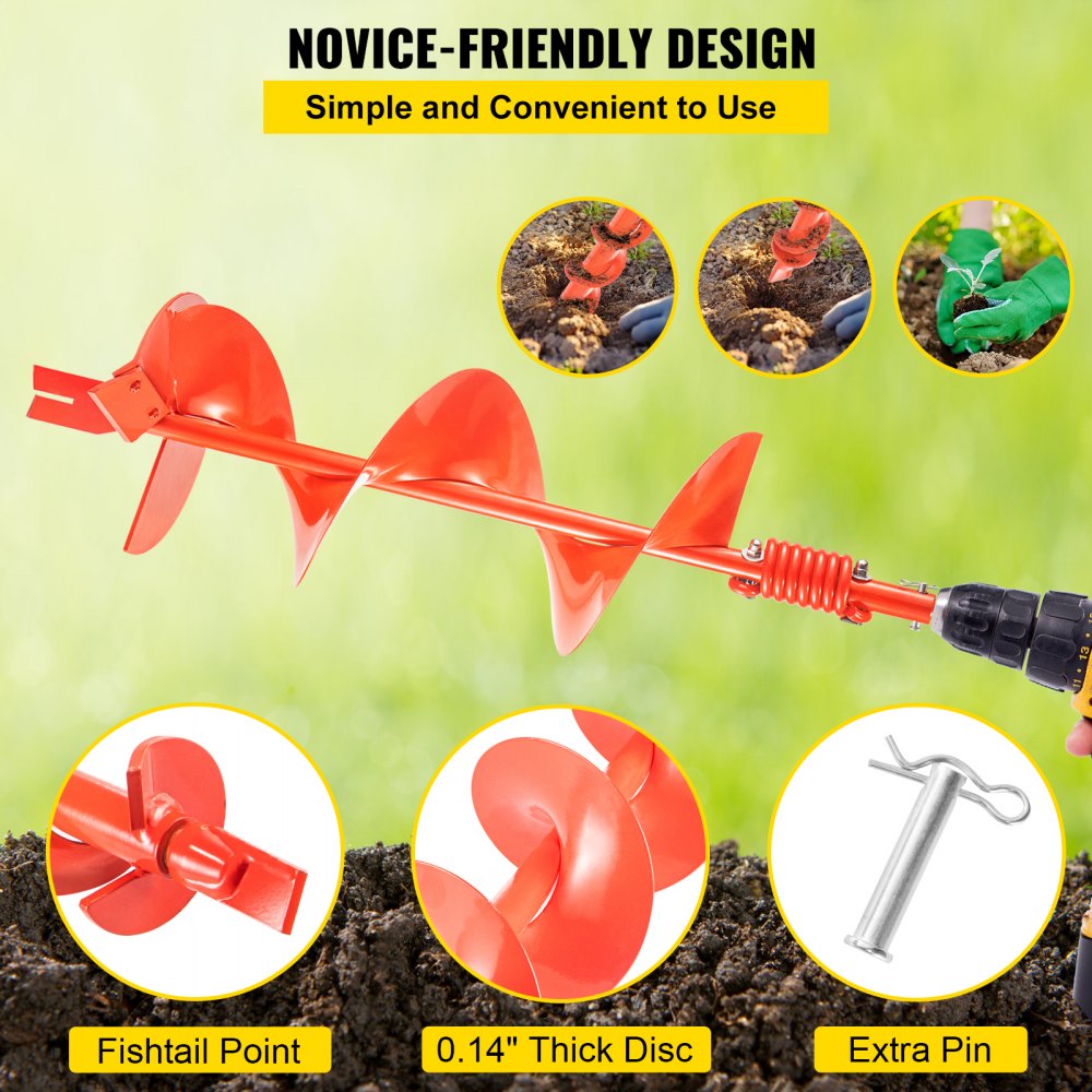 VEVOR Auger Drill, 8'' (D) x 35'' (L) Garden Auger Drill Bit with Shock Absorbing Spring, Drill Auger for 7/8" Drill, Heavy Duty Garden Auger for Planting Bulbs and Bedding Plants, Digging Hole