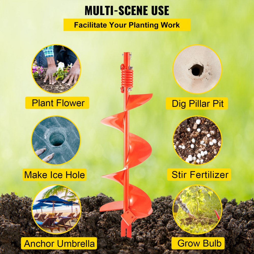 VEVOR Auger Drill, 8'' (D) x 35'' (L) Garden Auger Drill Bit with Shock Absorbing Spring, Drill Auger for 7/8" Drill, Heavy Duty Garden Auger for Planting Bulbs and Bedding Plants, Digging Hole