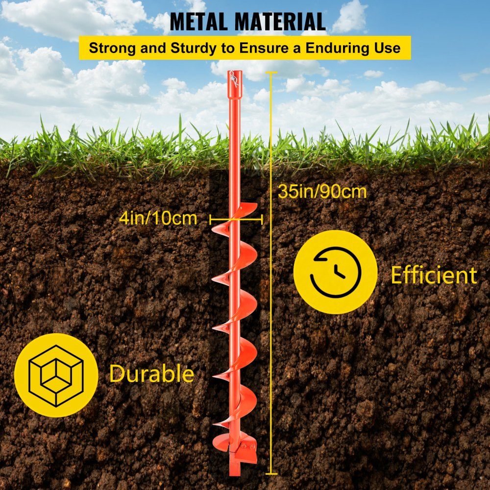 VEVOR Auger Drill Bit, 4'' (D) x 35'' (L) Garden Auger Drill Bit with Fishtail Point, Drill Auger for 0.79’’ Drill, Heavy Duty Garden Auger for Planting Bulbs, Bedding Plants, Digging Hole