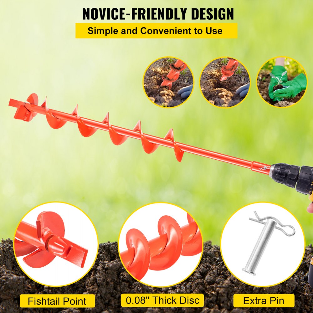 VEVOR Auger Drill Bit, 4'' (D) x 35'' (L) Garden Auger Drill Bit with Fishtail Point, Drill Auger for 0.79’’ Drill, Heavy Duty Garden Auger for Planting Bulbs, Bedding Plants, Digging Hole