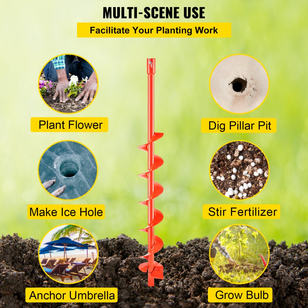 VEVOR Auger Drill Bit, 4'' (D) x 35'' (L) Garden Auger Drill Bit with Fishtail Point, Drill Auger for 0.79’’ Drill, Heavy Duty Garden Auger for Planting Bulbs, Bedding Plants, Digging Hole