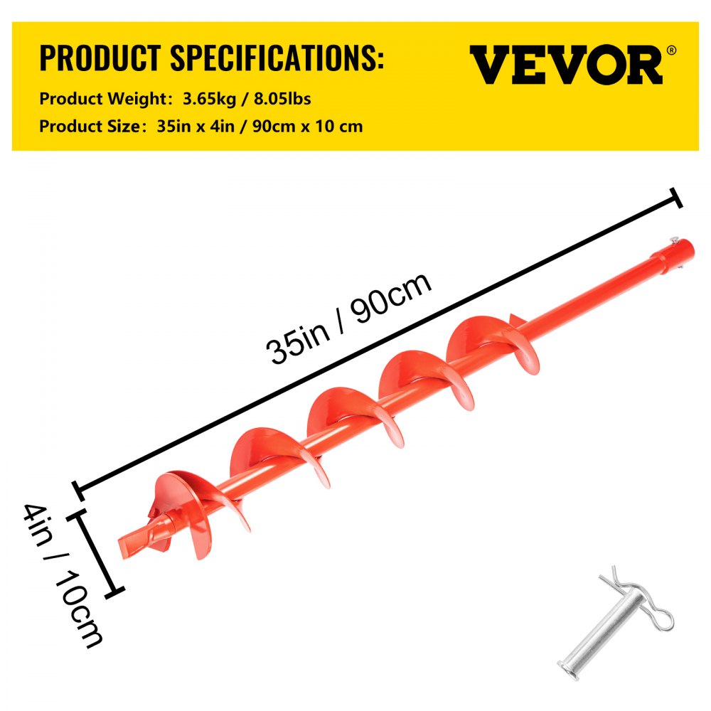 VEVOR Auger Drill Bit, 4'' (D) x 35'' (L) Garden Auger Drill Bit with Fishtail Point, Drill Auger for 0.79’’ Drill, Heavy Duty Garden Auger for Planting Bulbs, Bedding Plants, Digging Hole