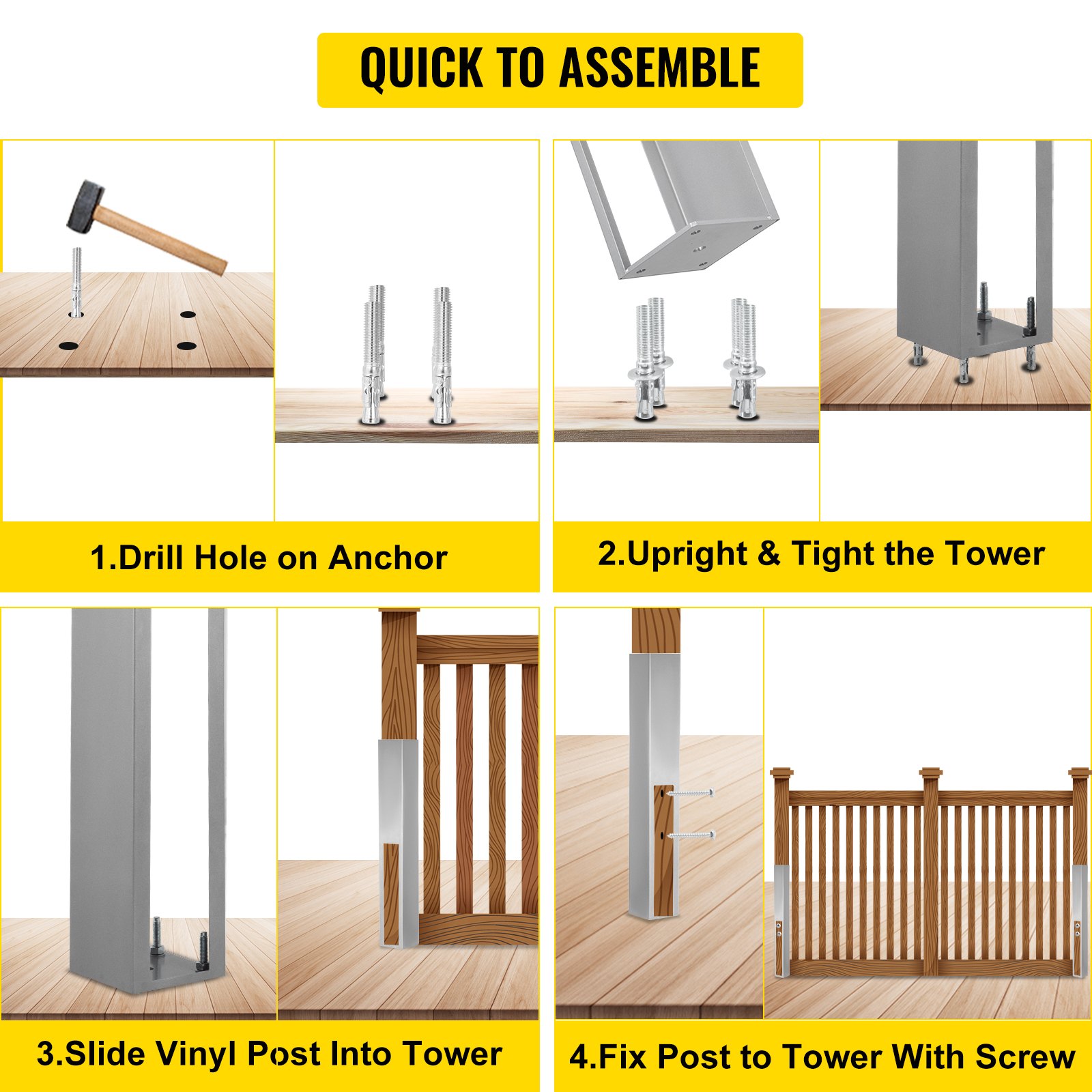 VEVOR Post Mount Tower 2PCS Fence Post for Vinyl Fence 5 x 5 x 36 Inch Iron Material Coated Powder Fence Post Insert Concrete/Wood Mounted Fence Vinyl Post Sleeves for Side Road Fence and Garden