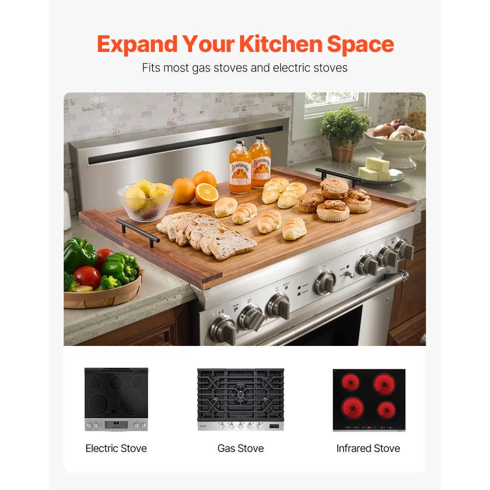 VEVOR Noodle Board Stove Cover, Stove Top Cover Board for Gas Burner & Electric Stove, Acacia Wood Cutting Board with Handles, RV Stovetop Cover/ Kitchen Sink Cover for Counter Space & Tray, Natural