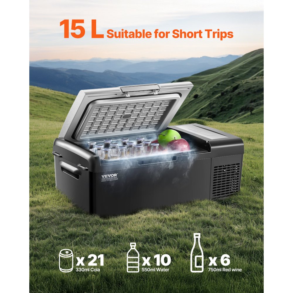VEVOR Portable Car Refrigerator, 15L Car Refrigerator Fridge, 12V/24V/100-240V Single Zone Portable Freezer, -20℃ to 20℃ Adjustable Temperature, Compressor Cooler for Home, Outdoor, Camping, RV, Car