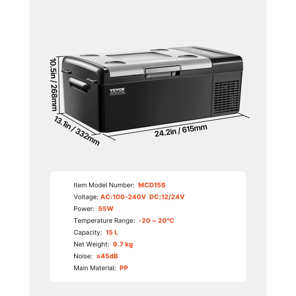 VEVOR Portable Car Refrigerator, 15L Car Refrigerator Fridge, 12V/24V/100-240V Single Zone Portable Freezer, -20℃ to 20℃ Adjustable Temperature, Compressor Cooler for Home, Outdoor, Camping, RV, Car