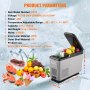 Refrigerador portátil para automóvil VEVOR, capacidad de 15 l, con capacidad para frutas, bebidas y helados, con especificaciones.