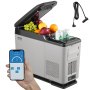 Refrigerador portátil para automóvil VEVOR con frutas, bebidas, control móvil y cable adaptador para automóvil a la vista.