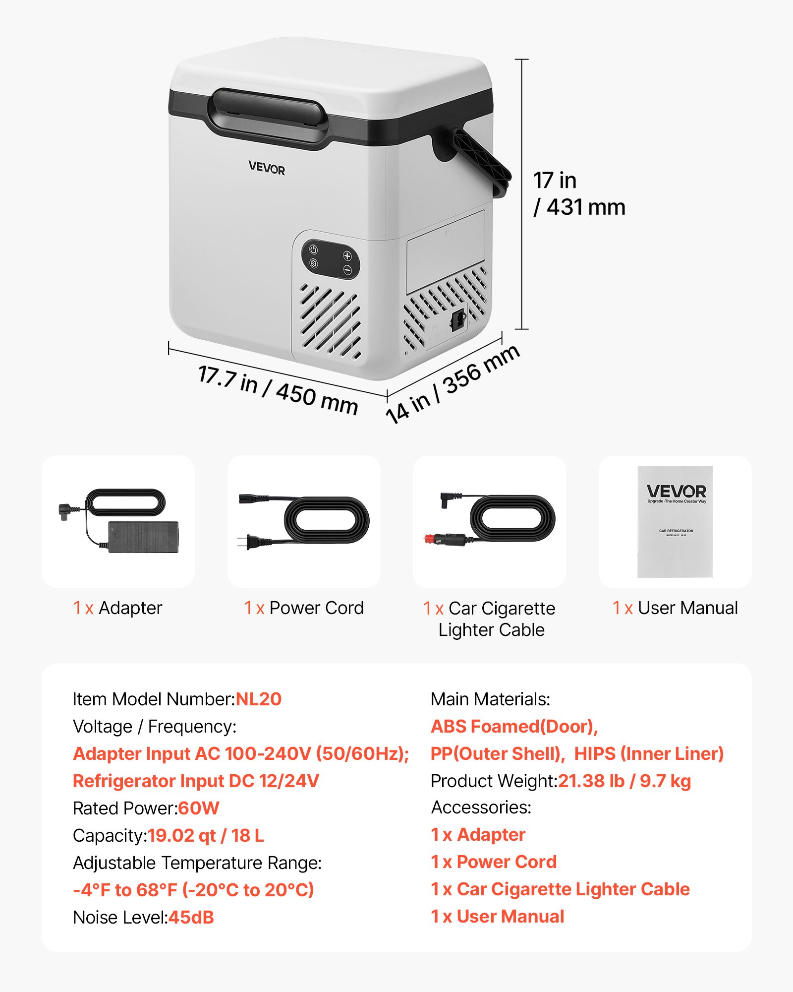 VEVOR 12 Volt Refrigerator, 19 QT/ 18L Car Fridge, Portable Electric Freezer Compressor with Handle, 12V/24V DC 100-240V AC, -4℉ to 68℉/ -20℃ to 20℃, for Truck Van RV SUV Boat Travel Camping